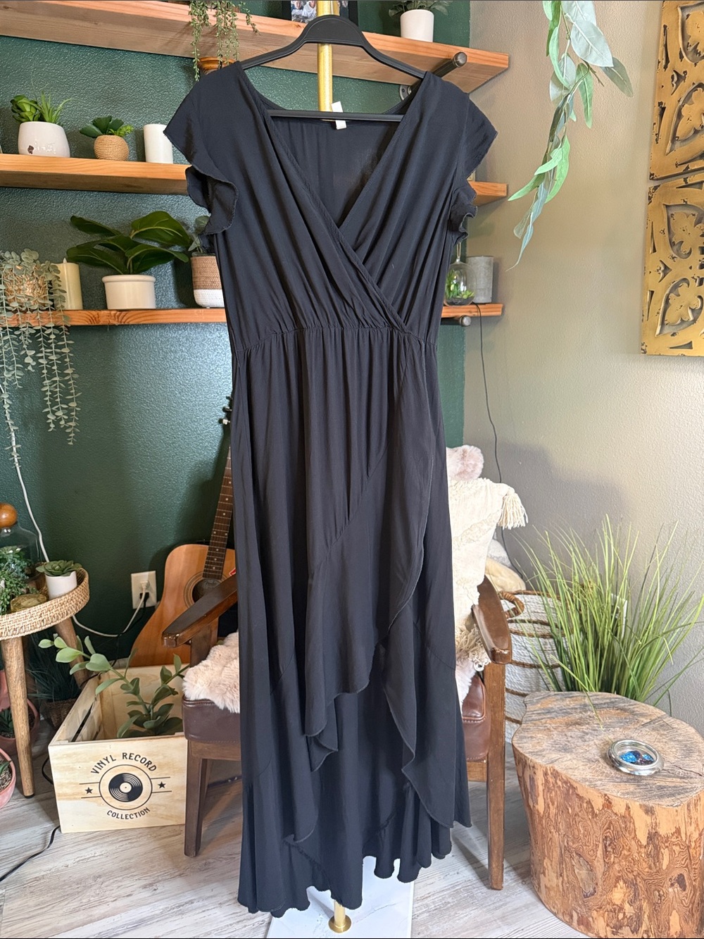 Black High-Low Wrap Midi Dress